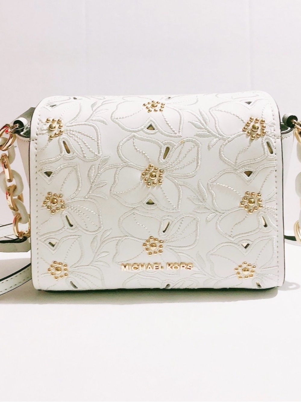 New Michael Kors Sofia white small crossbody leather bag embroidered studded